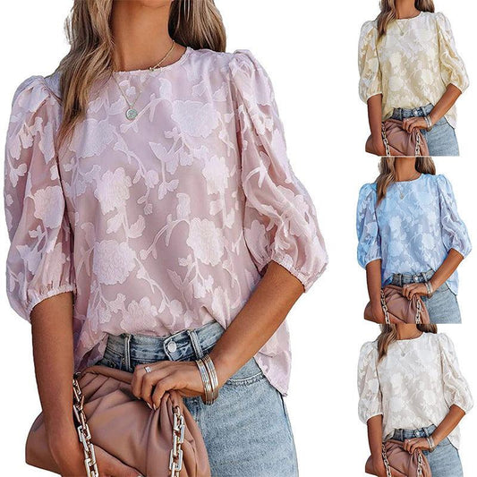 Women's Puff Sleeve Chiffon Loose Top Flower Texture Shirt - AL MONI EXPRESS