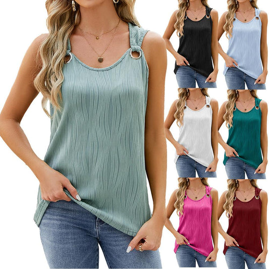 Women's Vest With Metal Button Design Fashion Solid Color Round Neck Sleeveless T-shirt Summer Tank Tops Womens Clothing - AL MONI EXPRESS