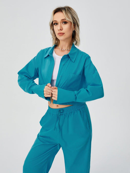 Women Two Piece Outfits For Women Long Sleeve Button Down Wide Leg Loungewear Pajama Set - AL MONI EXPRESS