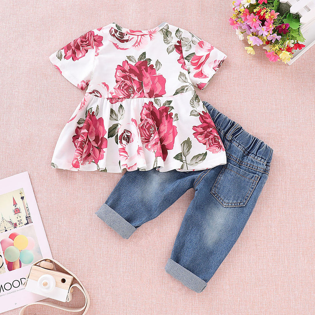 Rose flower top denim ripped trousers two-piece suit