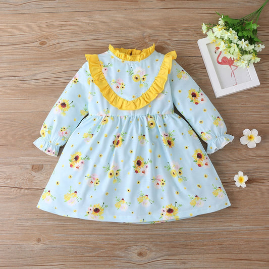 Sunflower Print Long Sleeve Princess Dress Cute Long Sleeve Dress For Girls