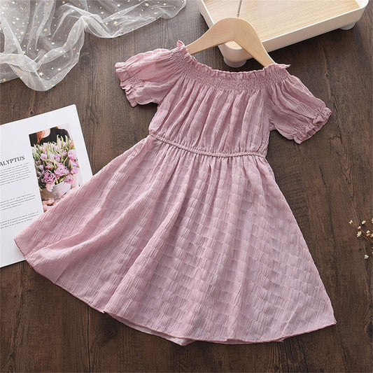 Girls' Solid Color Lace Collar Short Sleeve Chiffon Dress