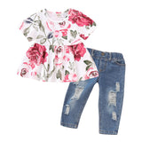 Rose flower top denim ripped trousers two-piece suit