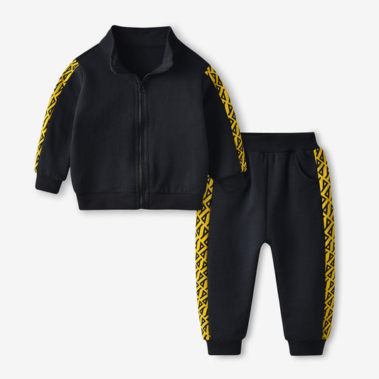 CUHK Kids Long Sleeve Printed Zipper Shirt Casual Sports Pants Set Black Two-Piece Set