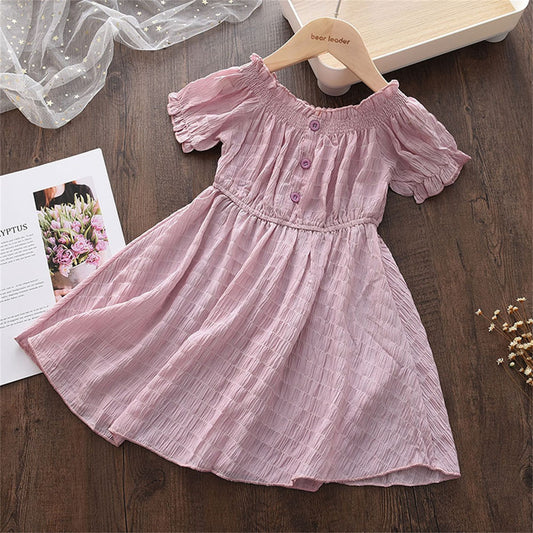 Girls' Solid Color Lace Collar Short Sleeve Chiffon Dress
